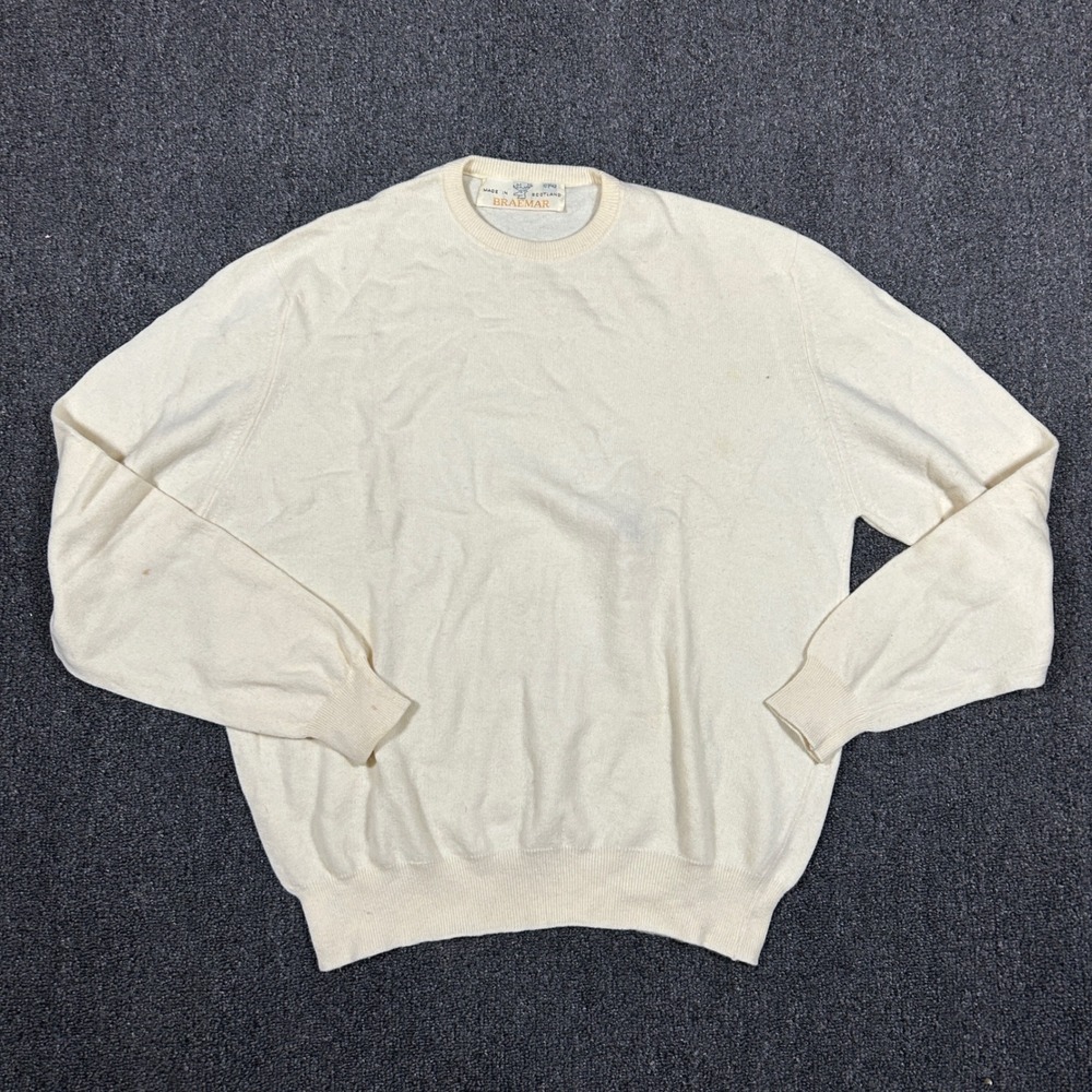 Braemar Lambswool Sweater Mens 42 Cream Scotland Vintage Crewneck Pullover Good